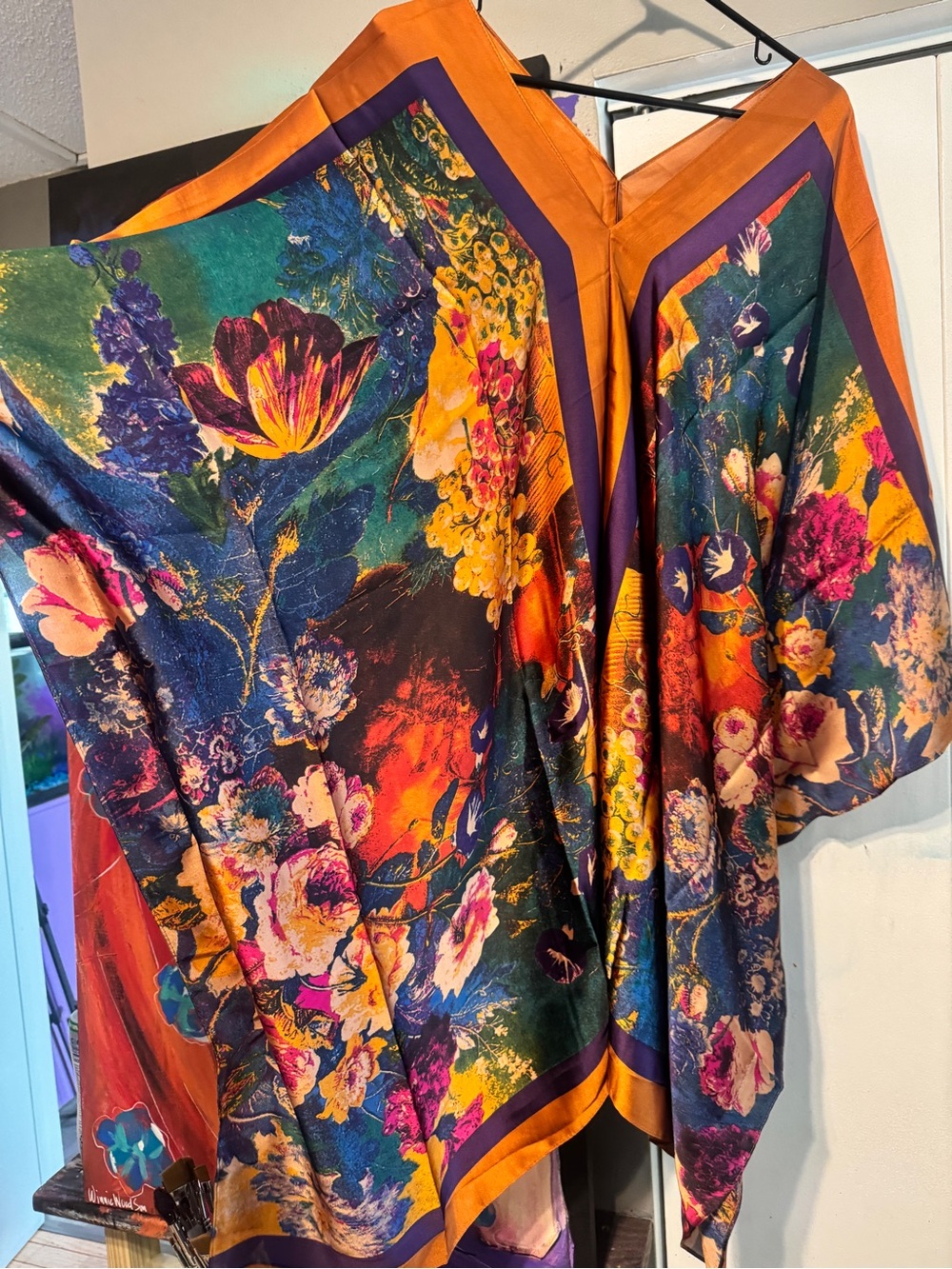 Boutique Silky Scarf Kaftan Tunic Dress Vibrant Floral Jewel Tone OSFM Boho - Picture 3 of 11